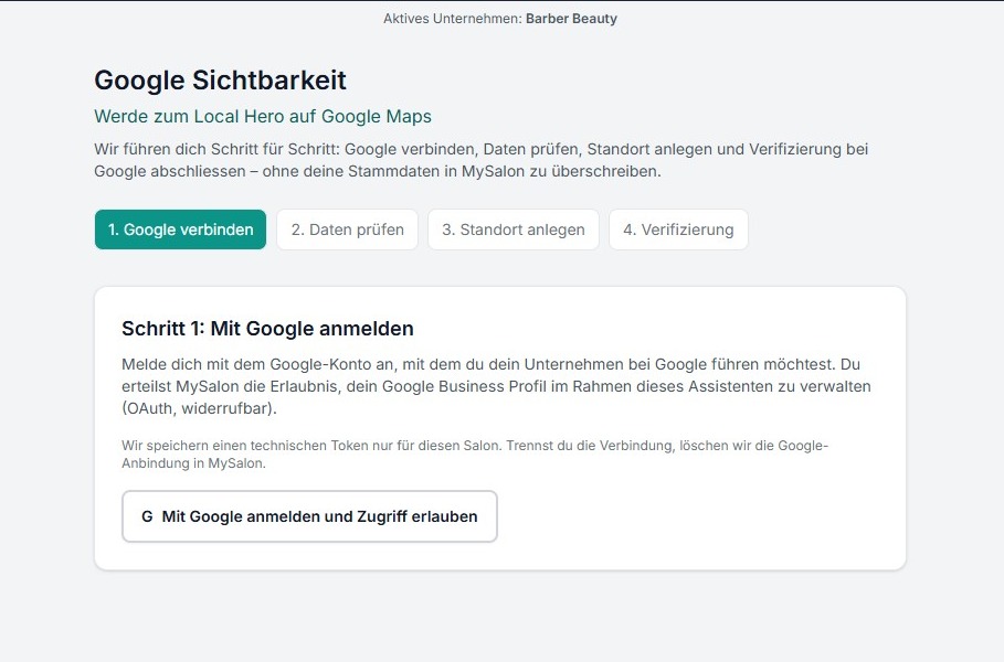 Screenshot: MySalon-Assistent «Google Sichtbarkeit», Schritt 1 mit Google anmelden