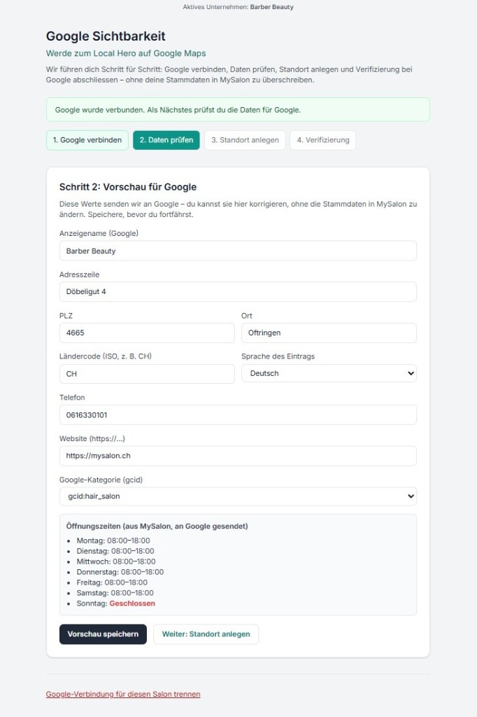 Screenshot: MySalon-Assistent «Google Sichtbarkeit», Schritt 2 Vorschau für Google