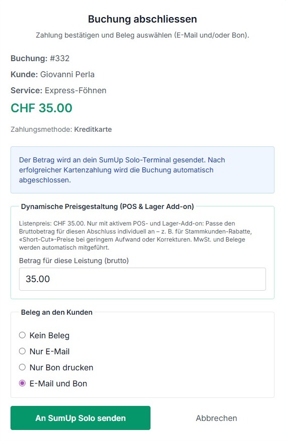 MySalon: Bestätigungsseite Buchung abschliessen mit SumUp-Hinweis