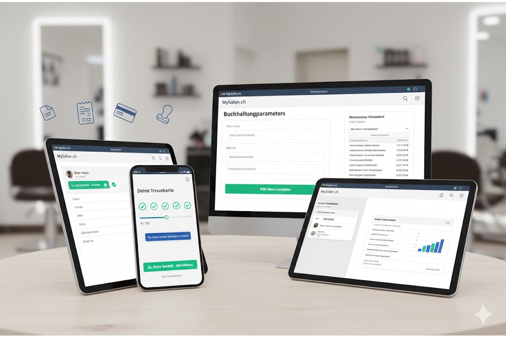 MySalon.ch Service-Kasse auf PC, Tablet und Smartphone – Buchhaltung, Checkout und Treuekarte
