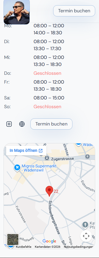 Öffnungszeiten und Standort auf der Website von Diego Zabeni