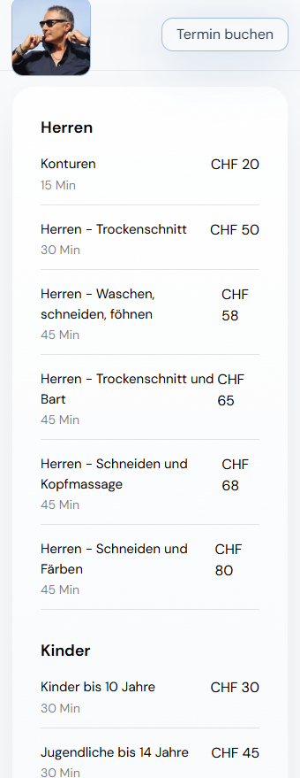 Preise und Services auf der Website von Diego Zabeni
